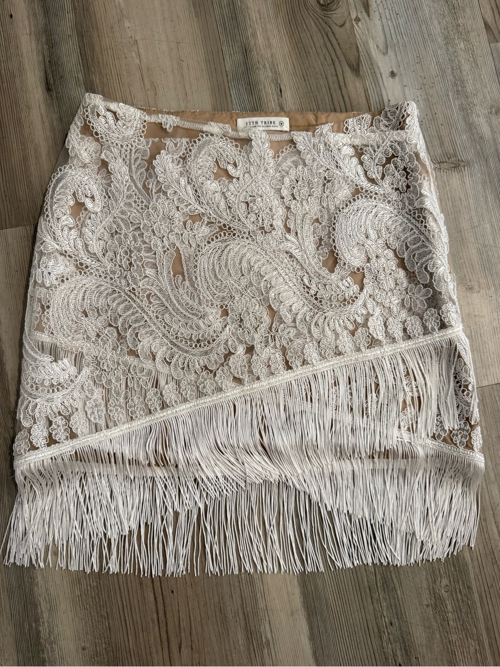 12th Tribe Cream Lace Fringe Mini Skirt